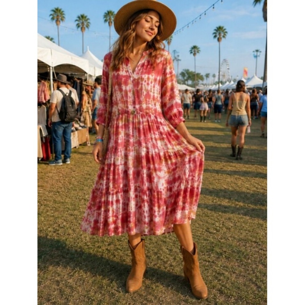 Johnny Was Amanda Bond Julia Dress Tie Dye Midi  Womens S/M‎ Boho Tiered